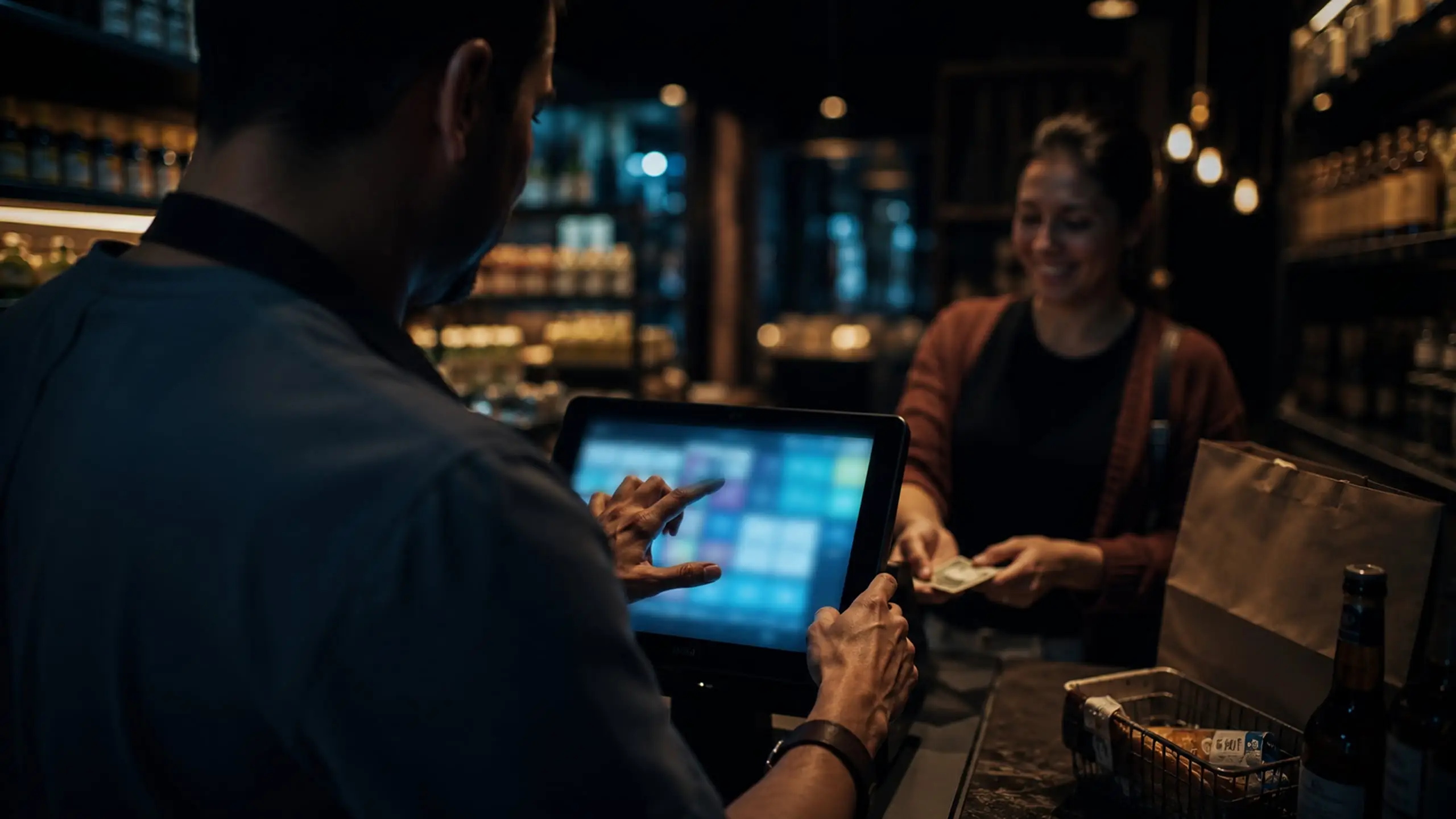 Mostrador de tienda moderno donde el tendero cobra con agilidad, iluminado por la pantalla del punto de venta