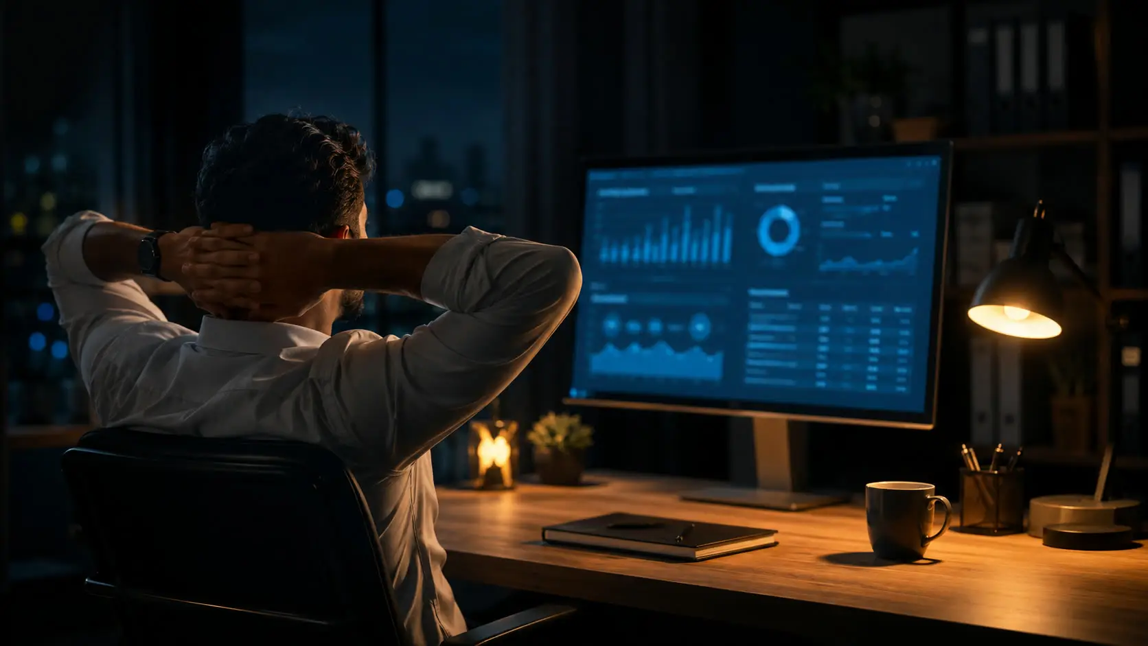 Persona recostada y relajada en su oficina de noche frente a un monitor con reportes y gráficos al día, con carpetas de archivos ordenadas en el estante