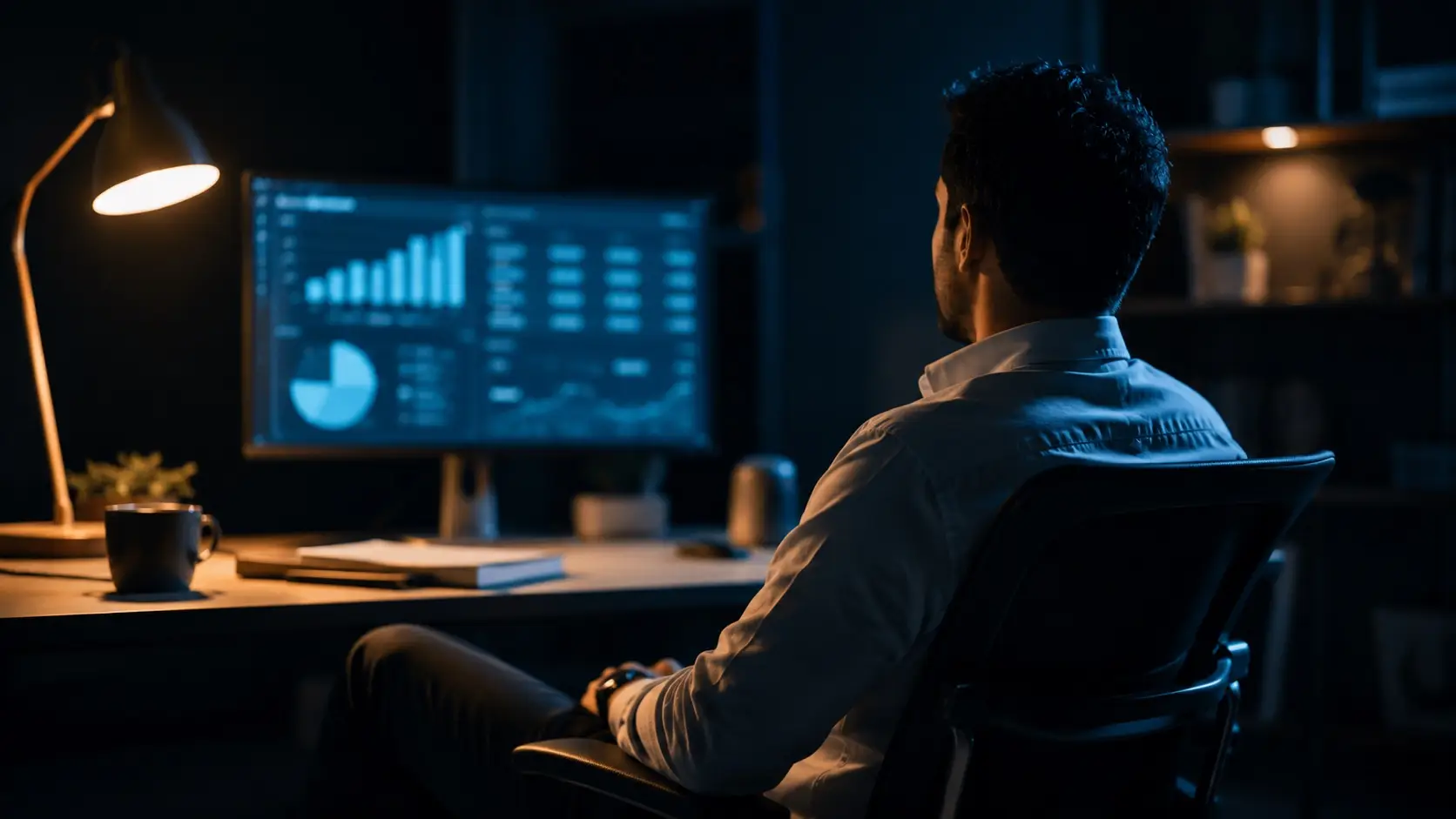 Oficina serena de noche con una persona revisando datos ordenados en el monitor, junto a una lámpara cálida