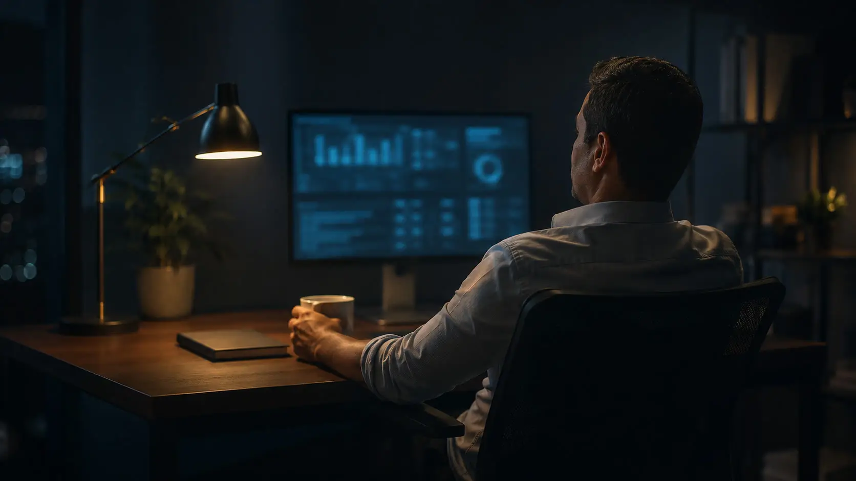 Persona en su oficina de noche frente a un monitor con un tablero de reportes: gráficos de barras, un anillo y tablas de cifras para controlar y supervisar el negocio