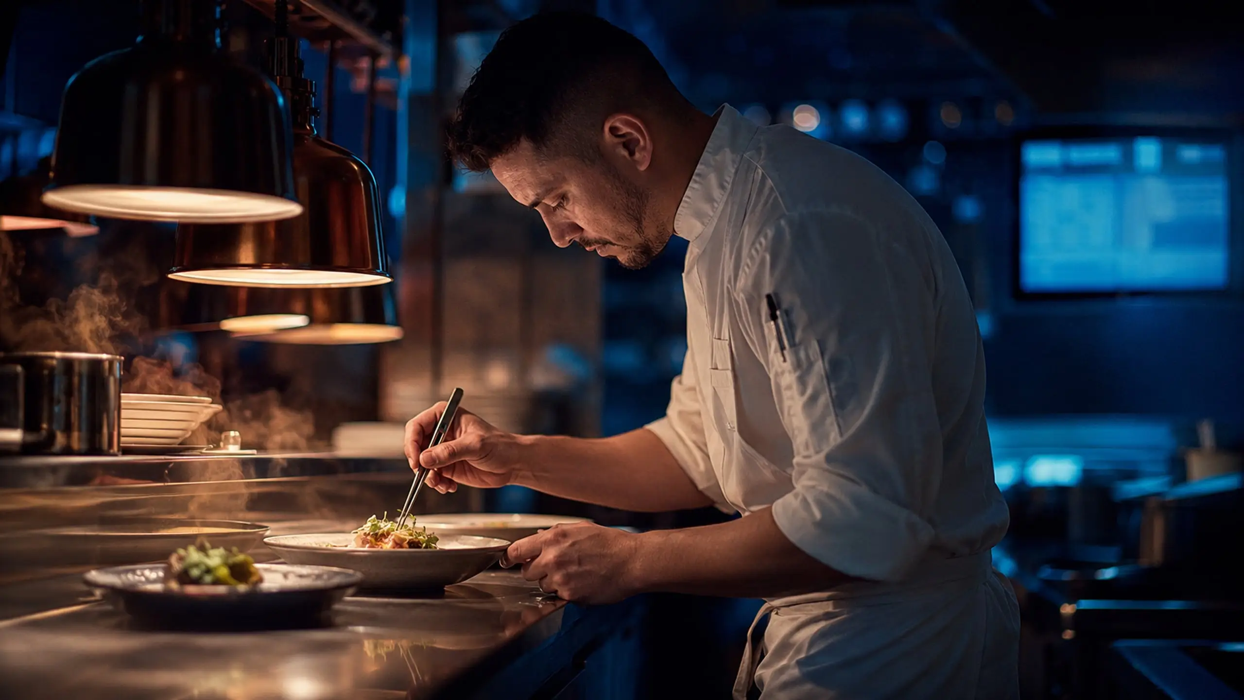 Cocina profesional impecable en pleno servicio, con la pantalla de comandas encendida y el equipo coordinado