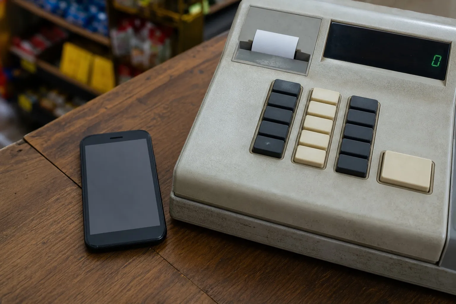 Caja registradora antigua imprimiendo una tirilla de papel en blanco junto a un celular moderno sobre el mostrador de una tienda de barrio