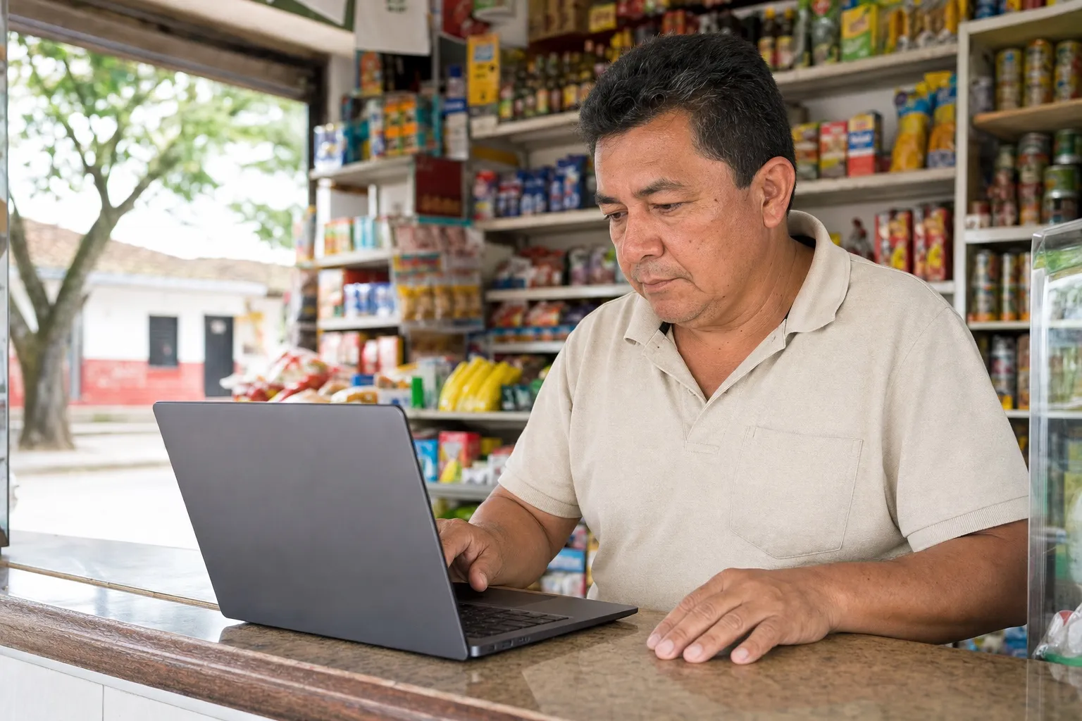 Tendero colombiano revisando con calma un computador portátil en el mostrador de su tienda al final de la tarde