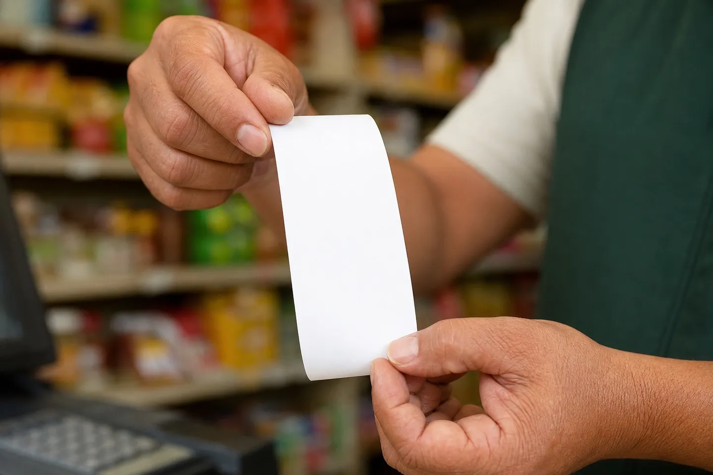 Manos de un tendero sosteniendo una tirilla de papel en blanco junto a una caja POS en una tienda de barrio